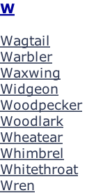 W  Wagtail Warbler  Waxwing Widgeon Woodpecker  Woodlark Wheatear Whimbrel Whitethroat Wren